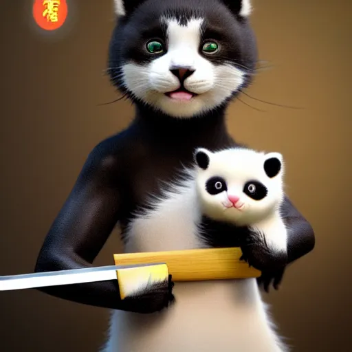 Image similar to cute kitten with panda body and cat face, in a kimono, holds a sword, by greg rutkowski, highly detailed, octane render, 4 k