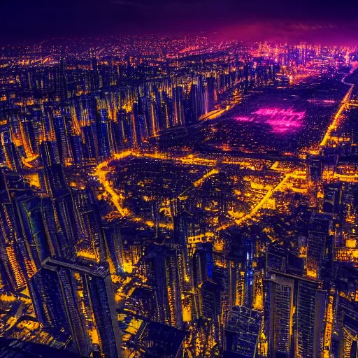 Image similar to aerial shot of the impressive dystopian cyberpunk city at night during amazing storm, nightscape, futuristic architecture, realistic photo, neons