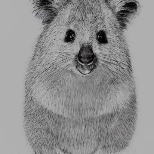 Image similar to single line drawing of a happy quokka, monochrome, mono, one line, line drawing, unbroken, minimalist, no background, white space, white background, black and white