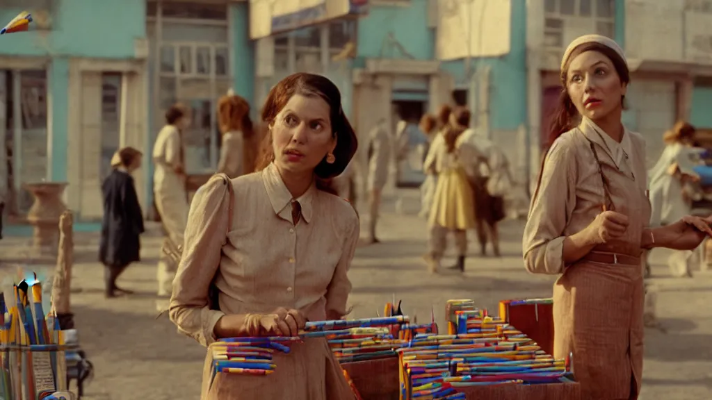 Image similar to a women selling pencils, film still from the movie directed by wes anderson with art direction by dali wide lens