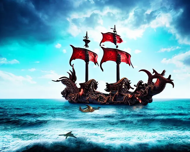 Image similar to beautiful ocean, pirate ship, dragon flying overhead, natural lighting, 35mm photography, highly detailed, 8K, artgerm, sharp focus, cgsociety, cool lighting