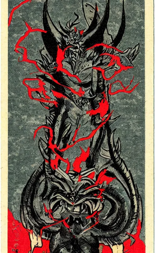 Prompt: by akio watanabe, manga art, japanese demon monster, oni horns, trading card front