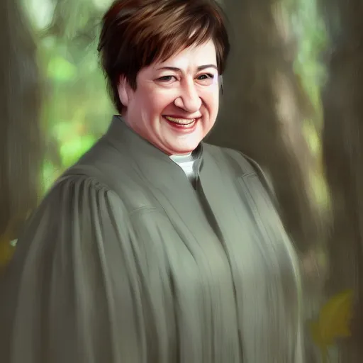 Image similar to close - up shot of supreme court justice elena kagan going for a walk in the woods, digital art by ruan jia and mandy jurgens and artgerm, realistic face, highly detailed, trending on artstation, award winning