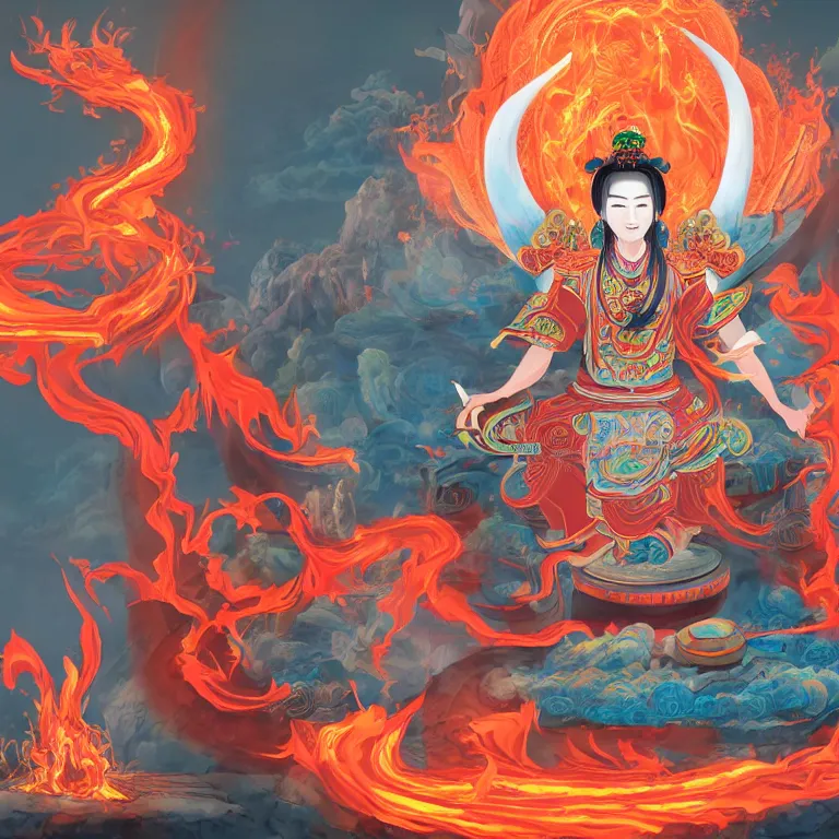 Prompt: a 2 d illustration of chinese mythological character, ne zha sit in meditation in the blast furnace, full body, red flame background, 8 k