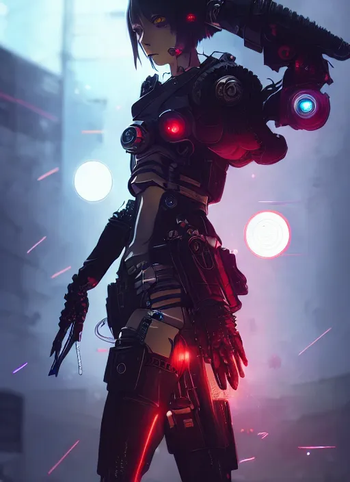 Image similar to cool cyberpunk cyborg samurai girl, battle pose, laser guns, extremely beautiful, detailed portrait, intricate light complexity, concept art by krenz cushart, kyoto animation, wlop. 4 k, beautiful, cinematic dramatic atmosphere, sharp focus, perfect lightning