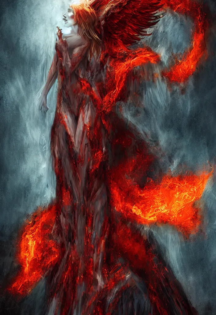 Image similar to a portrait of a gigantic angel as a demon in a fiery hell, eerie, dark, magical, fantasy,, digital art.