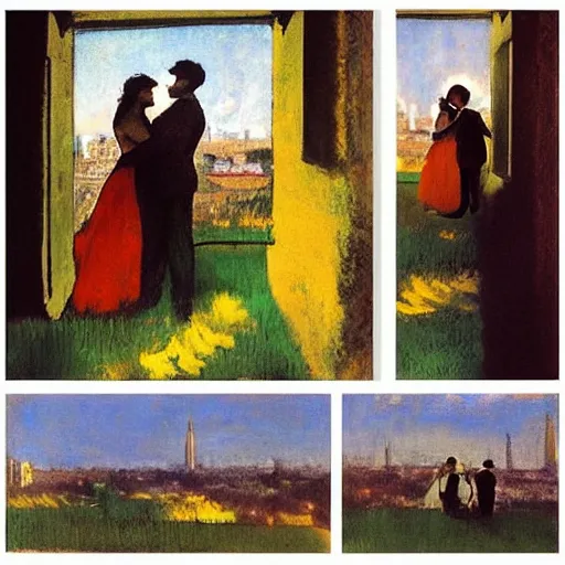 Prompt: Collage. a young couple is embracing in a passionate embrace as they look out over a beautiful cityscape. The colors are very vibrant and the overall mood is very romantic. corn, positivism by Edgar Degas intuitive