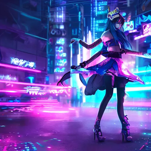 Image similar to a girl like (jinx, Princess peach), dancing, background cyberpunk city, kpop, fullshot, photo, raytrayced, octane render,volumetric lighting, epic composition, intricate details, dark neon punk, by KDA