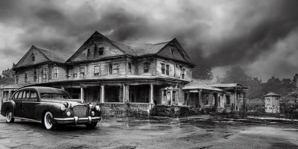 Image similar to Lovecraft Country, ultra detailed haunted house, stormy weather, rain, ultra detailed rain clouds, establishing atmospheric shot, unreal engine, F11 aperture, night, detailed volumetric fog, lighting and thunder, film grain, ultra detailed grey 1948 Packard Station Sedan parked in the street,