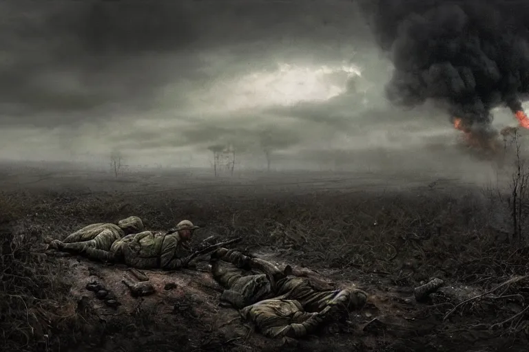 Image similar to desolate battleground, soldiers laying on the ground, thick dark smoke, vehicles on fire, heavy rain from thick clouds, mushroom cloud in the background, bleak, melancholy atmosphere, 4k artwork by Gregory Crewdson and Grzegorz Domaradzki and Ivan Shishkin and Jakub Rozalski