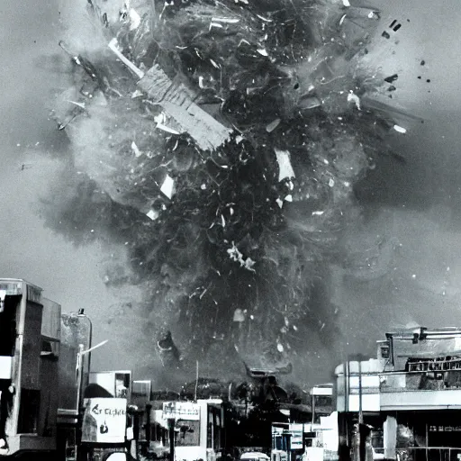 Prompt: a giant satellite splash ,big impact hit on the building, explode and chaos, Holywood scene, full color, broken cars,scary picture, convincing