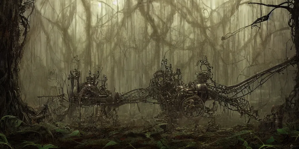 Image similar to mechanical steampunk machine in haunted swamp surrounded by dense forest with vines hanging from trees, creepy ambiance, fog, sharp focus, hughly detailed, eerily beautiful, cgsociety, artgerm