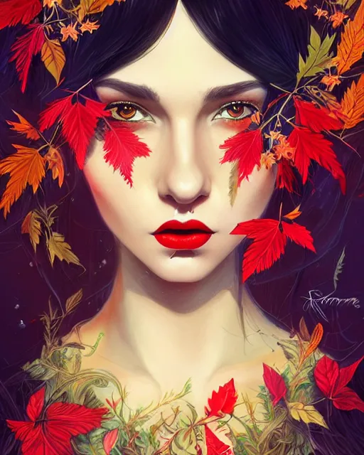 Prompt: highly detailed hippie, black hair, flying leaves on backround, symmetrical, red lips, paint by anna dittman trending on artstation, intricate details, energetic composition, golden ratio, concept art, illustration, elegant art