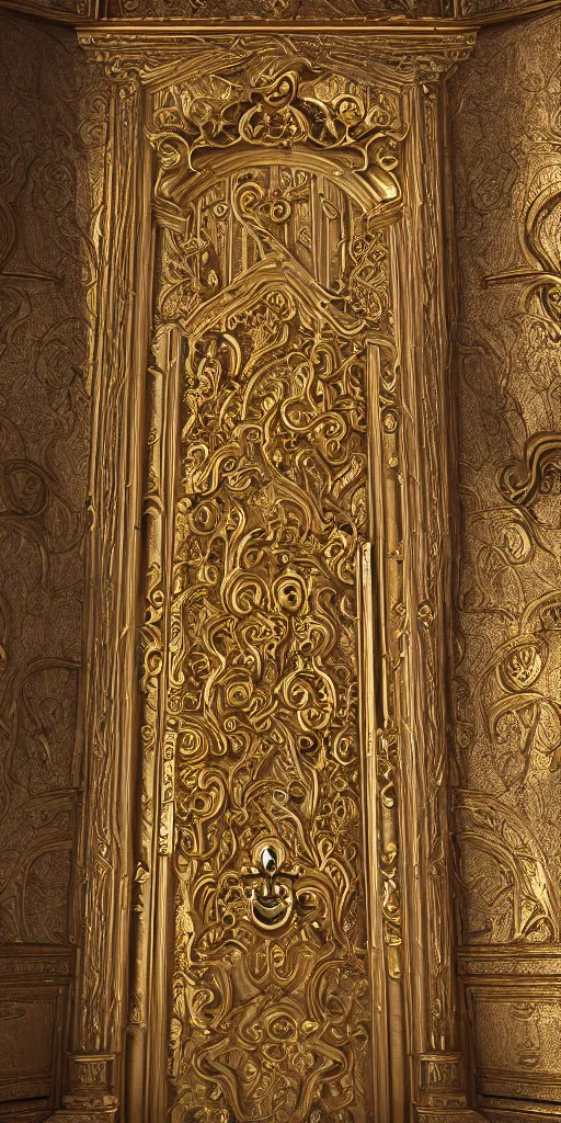 Image similar to an antique golden door with angelpunk style carvings, esoteric metalic design, dreamy, 8k, extreme detail, photorealistic, volumetric light, octane render, unreal engine, 16:9, ray tracing