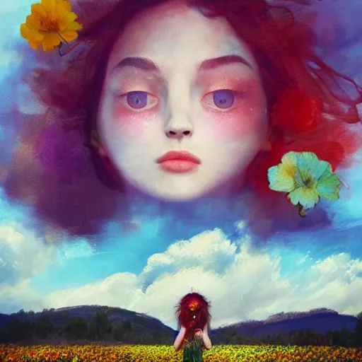 Image similar to girl with a singular flower for a head, surreal photography, dream, standing in flower field, magical, in a valley, sunrise dramatic light, impressionist painting, colorful clouds, artstation, simon stalenhag, flower face