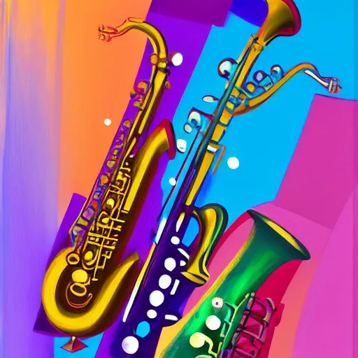 Prompt: a saxophone, a piano, and a double bass. jazz. abstract. oil paint. digital image. highly saturated. whimsical. digital art, octane, ue 5, 8 k, 4 k, hq, concept art.