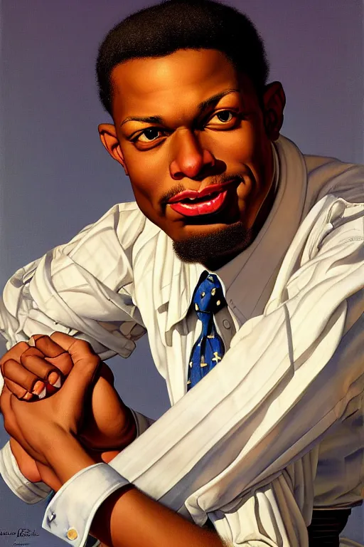 Image similar to tarik luqmaan trotter portrait by gil elvgren and norman rockwell and rob gonsalves and hajime sorayama, hyperrealistic, high detail, ultra detailed, highly detailed face, ruffled fabric