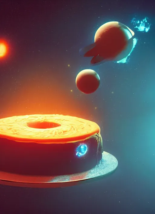 Image similar to a black hole cake, planets, space, universe, au naturel, hyper detailed, digital art, trending in artstation, cinematic lighting, studio quality, smooth render, unreal engine 5 rendered, octane rendered, art style by pixar dreamworks warner bros disney riot games.