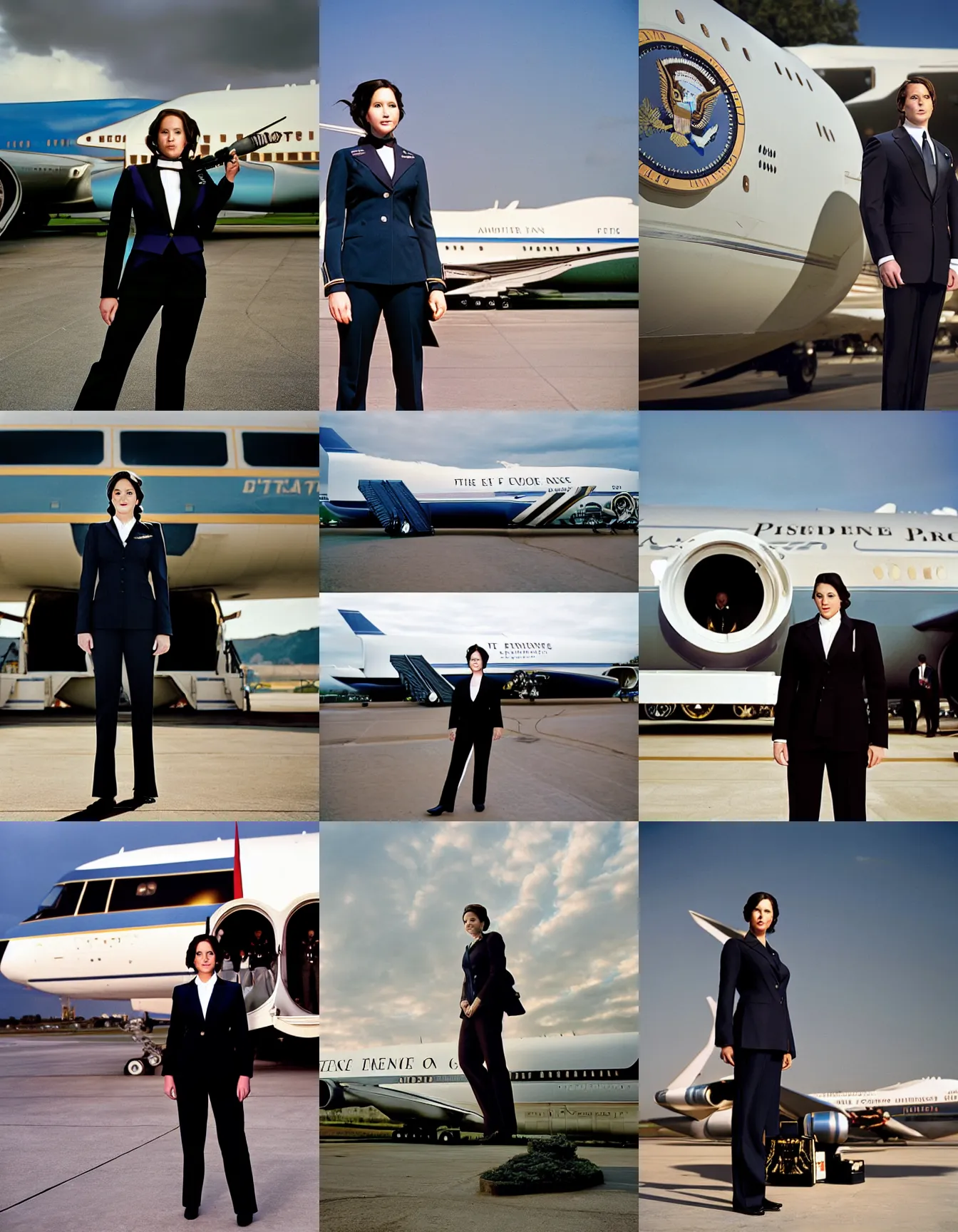 Prompt: katniss everdeen as the president of the united states, wearing a suit and tie, posing in front of air force one, photography by steve mccurry