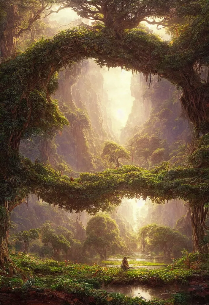 Prompt: beautiful hyper realistic detailed matte painting of fantasy tree of life in garden of eden, hd, hdr, by Moebius and John Howe and Albert Bierstadt and Alena Aenami, ultra detailed, high resolution