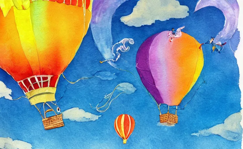 Image similar to hot air balloon flying through the sky, double rainbow, illustration by dr seuss, oh! the places you'll go, watercolor