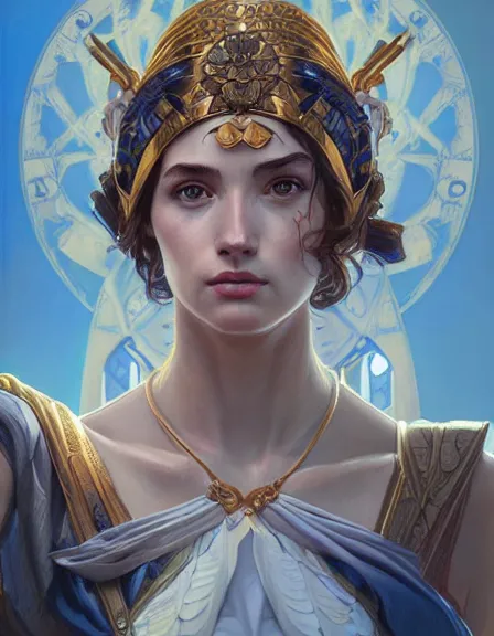 Image similar to athena goddess of wisdom, realistic portrait, symmetrical, highly detailed, digital painting, artstation, concept art, smooth, sharp focus, illustration, cinematic lighting, strength, art by artgerm and greg rutkowski and alphonse mucha and louis theophile hingre