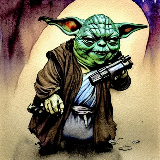 Image similar to a realistic and atmospheric watercolour fantasy character concept art portrait of a fat sleazy homeless chibi yoda wearing a wife beater and holding a handgun, by rebecca guay, michael kaluta, charles vess and jean moebius giraud