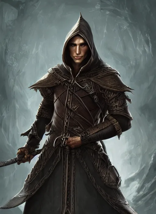 Image similar to a serious hooded half elf middle aged male rogue, strong, full body, 8 k, hyperrealistic, lowlife, ruffian, hyperdetailed, fantasy portrait by laura sava