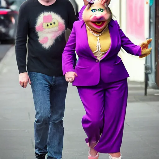 Image similar to Paparazzi photo of Jimmy Carr and Miss Piggy