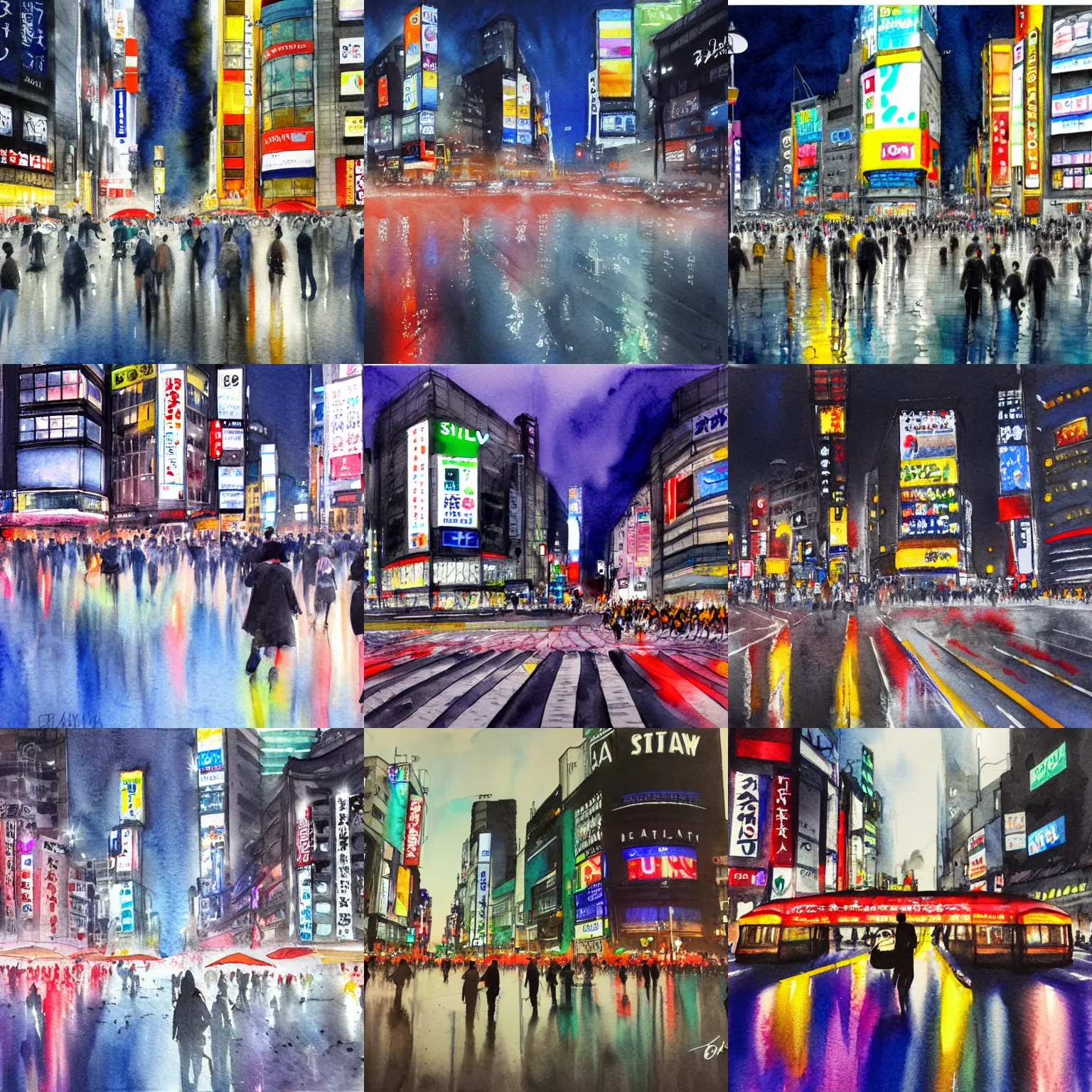 Prompt: detailed water color painting of Shibuya crossing at night, award winning artwork