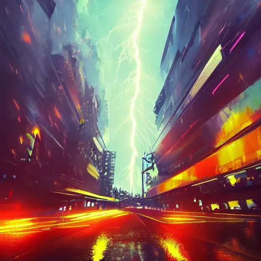 Image similar to cityscape during a lightning storm, colorful, futuristic, 8k, dramatic lighting, realistic, professional, concept art, artstation hd, trending on social media,