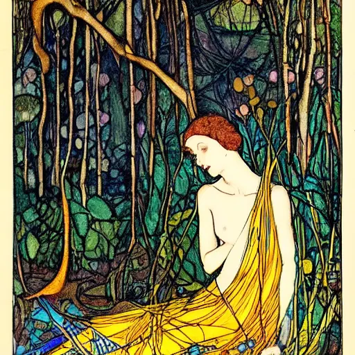 Image similar to a painting of a woman in a forest, a silk screen by harry clarke, deviantart, arts and crafts movement, pre - raphaelite, mixed media, creative commons attribution