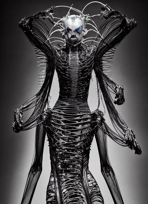 Image similar to walking down the catwalk, ben watts, show, stage, vogue photo, podium, fashion show photo, historical baroque dress dark, iris van herpen, beautiful woman, masterpiece, intricate, biopunk, vogue, full body shot, alien, plant predator, guyver, giger, wires, tubes, veins, jellyfish, white biomechanical details, highly detailed