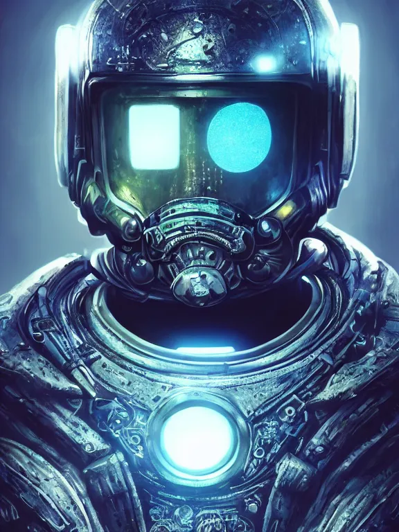 Image similar to portrait art of 8k ultra realistic retro futuristic undead astronaut, helmet visor open, glow around helmet, deep space , detailed intricate ornate armour,blade runner, cybernetic, full of colour, cinematic lighting, trending on artstation, 4k, hyperrealistic, focused, extreme details,unreal engine 5, cinematic, masterpiece, art by ayami kojima, giger