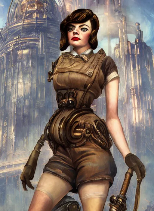 Image similar to Bioshock steampunk fallout portrait of Emma Stone, au naturel, hyper detailed, digital art, trending in artstation, cinematic lighting, studio quality, smooth render, unreal engine 5 rendered, octane rendered, art style by klimt and nixeu and ian sprigger and wlop and krenz cushart