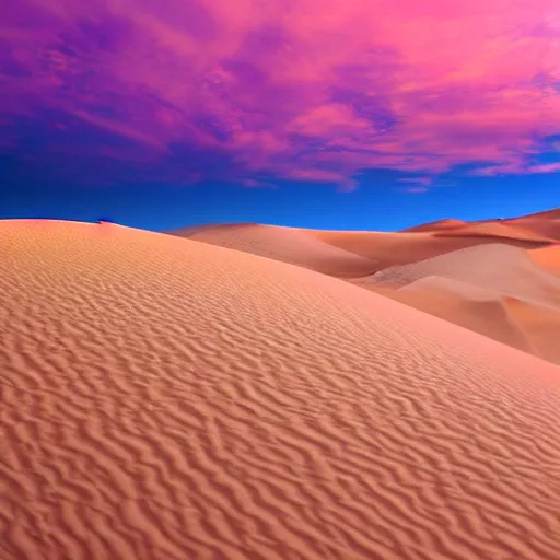 Image similar to endless desert dunes in front of a pink sky, surreal,