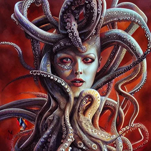 Image similar to tentacles, octopus, drawn by karol bak