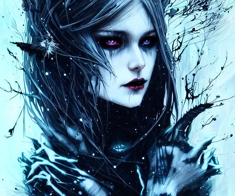 Prompt: stunning otherworldly gothic goddess of ice fire, dark and mysterious, atmospheric, ominous, eerie, cinematic, epic, 8 k, 4 k, ultra detail, ultra realistic, rendered by awesomeness. nights falling wind is blowwing snow is pilling concept art in style of carne griffiths artwork by xsullo