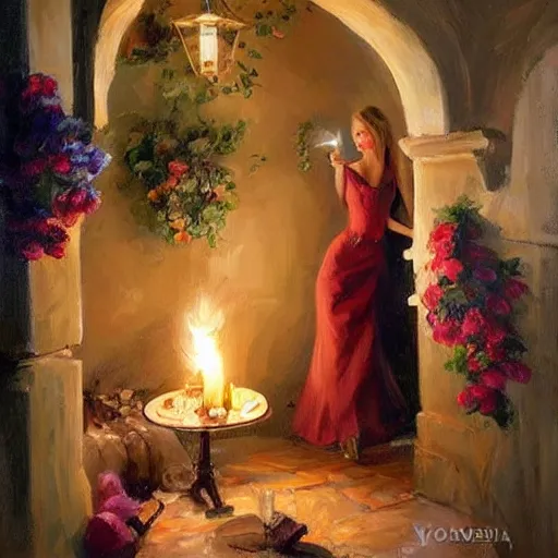 Image similar to wine cellar full of food, torches on the wall, schnapps, romantic, inviting, cozy, blonde woman, painting Vladimir Volegov