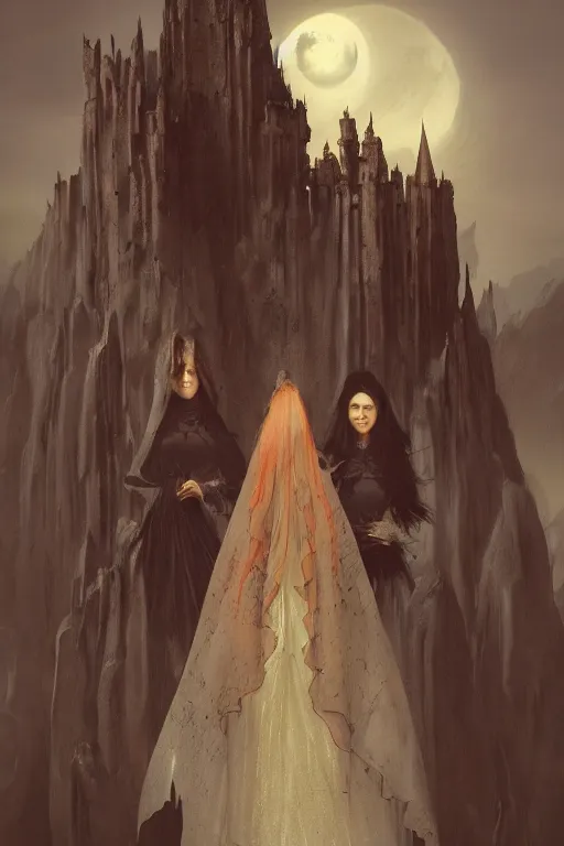 Image similar to The three brides of Dracula , Verona, Aleera and Marishka, horror, illustrated by Greg Rutkowski and Caspar David Friedrich., Trending on artstation, artstationHD, artstationHQ, 4k, 8k