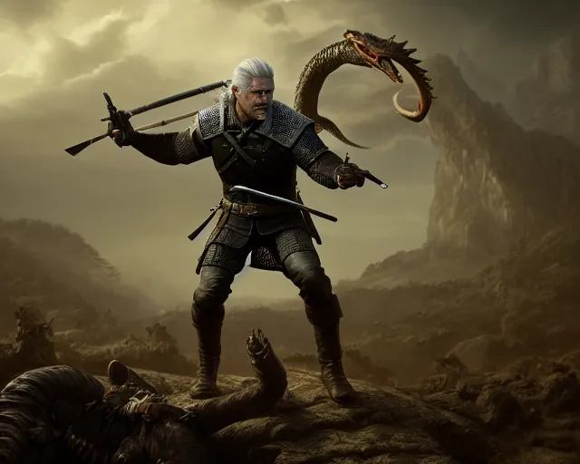 Image similar to 5 5 mm portrait photo of geralt fighting a 5 headed hydra. magical atmosphere. art by greg rutkowski. highly detailed 8 k. intricate. lifelike. soft light. nikon d 8 5 0.