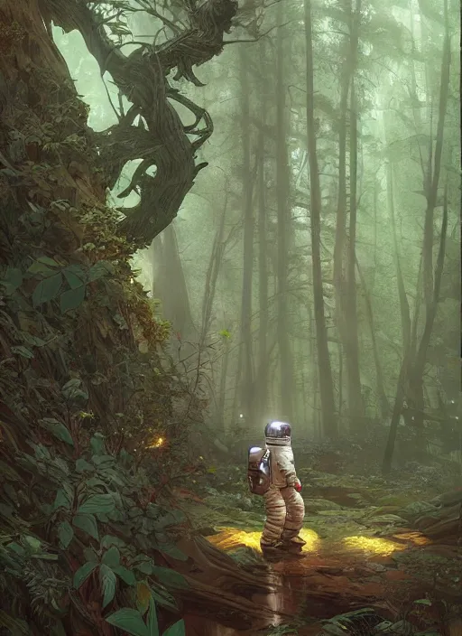 Prompt: astronaut in a forest, D&D, fantasy, intricate, cinematic lighting, highly detailed, digital painting, artstation, concept art, smooth, sharp focus, illustration, art by Terry Moore and Greg Rutkowski and Alphonse Mucha