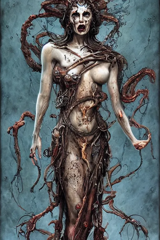 Image similar to an epic goddess with 4 arms holding a ceremonial athame in the air,beautiful and terrifying,melting,sinew,full character design,8k,by Stanley Artgermm,Tom Bagshaw,Gerald Brom,Carne Griffiths,Ron English,Linsey Levendall,Giger,trending on DeviantArt,face enhance,hyper detailed,minimalist,horror,full of colour,cinematic,dynamic lighting