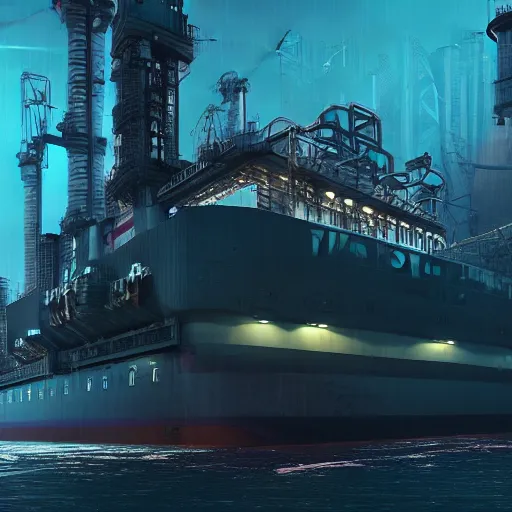 Image similar to photo of Immense industrial futuristic cargo ship arrives at cyber punk city sea port, cinematic lighting, photo