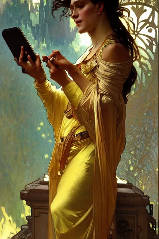 Prompt: A goddess wearing golden clothes, holding a phone, fantasy, painting by greg rutkowski and alphonse mucha