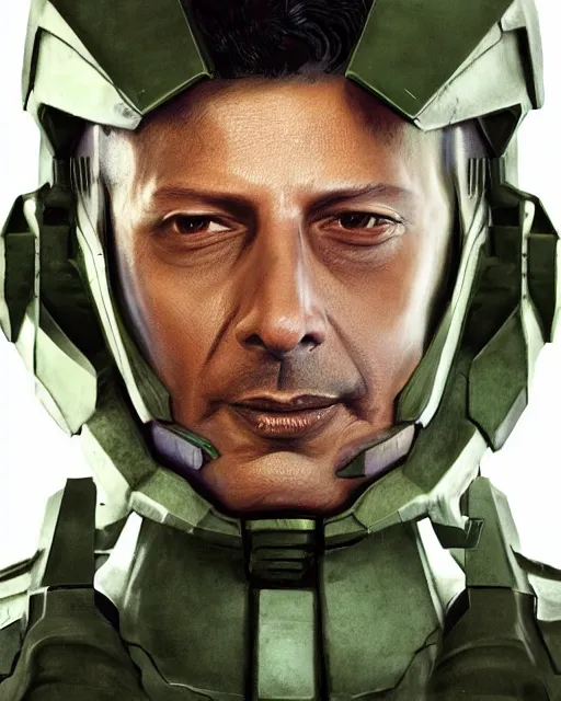 Prompt: jeff goldblum in a halo spartan suit, medium shot, video game digital art