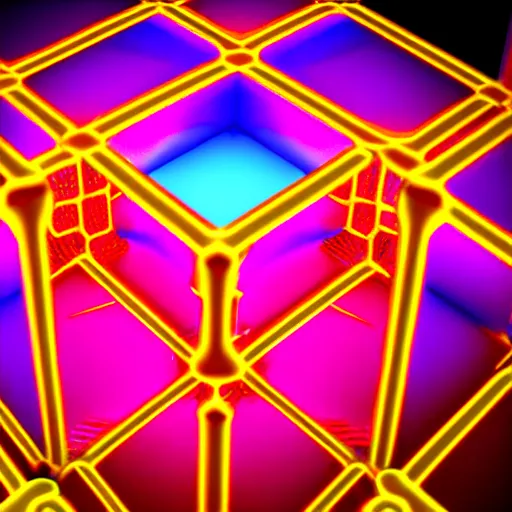 Prompt: a steampunk cube inside a hypercube consisting of fractals shiny luminescence neocube nanostructure neon colorful detalized lines, background mirror lake in magical colorful fog, octane render, hyper realistic, ultra realistic