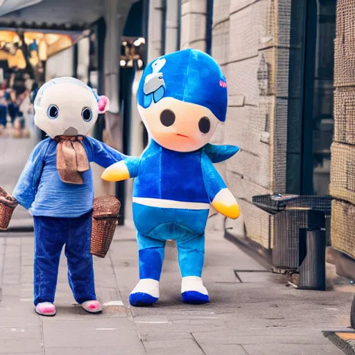 Image similar to blue'snappy gifts'plush doll, human - sized, on sidewalk, giving gifts to people, happy atmosphere, high detail, soft lighting, 8 k