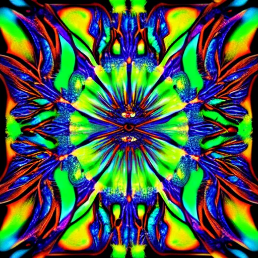 Prompt: A dragonfly's eye. Fractal reflections. Intense colors. DMT. Beautifully detailed. Award winning. Geometric.