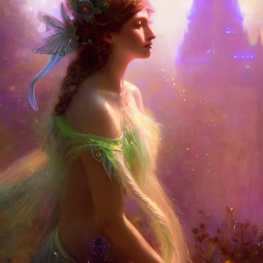 Image similar to Fairy Princess illustrated by Gaston Bussiere and Greg Rutkowski, gloomy and neon lighting, bloom effect, soft focus, volumetric lighting, 4k, 8k, intricate, detailed, trending on artstation, artstationHQ, artstationHD, artstation digital artwork.